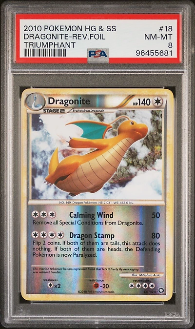 2010 Pokemon Heartgold & Soulsilver Triumphant 18 Dragonite-reverse Foil PSA 8