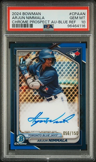 2024 Bowman Chrome Prospect Autographs Cpaan Arjun Nimmala Blue Refractor PSA 10