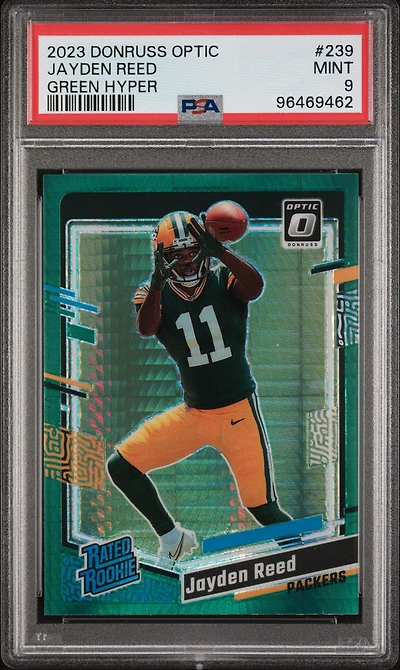 2023 Panini Donruss Optic 239 Jayden Reed Green Hyper PSA 9