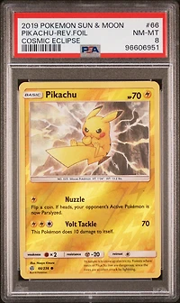 2019 Pokemon Sun & Moon Cosmic Eclipse 66 Pikachu-reverse Foil PSA 8