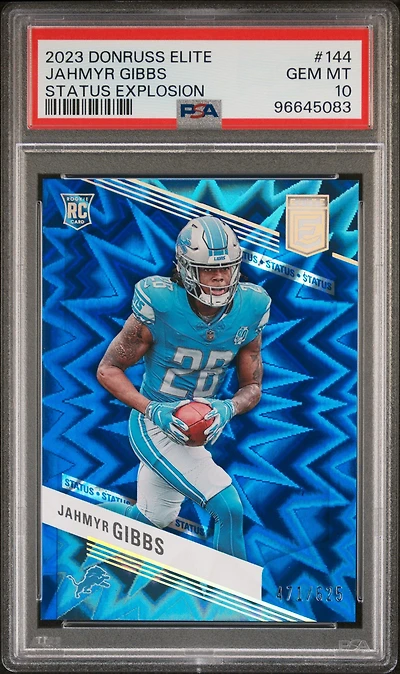 2023 Panini Donruss Elite 144 Jahmyr Gibbs Status Explosion PSA 10