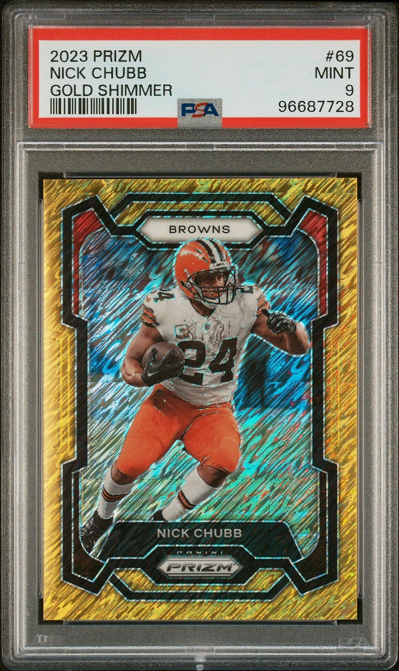 2023 Panini Prizm 69 Nick Chubb Gold Shimmer PSA 9