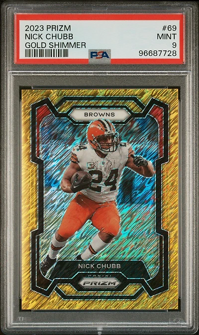 2023 Panini Prizm 69 Nick Chubb Gold Shimmer PSA 9