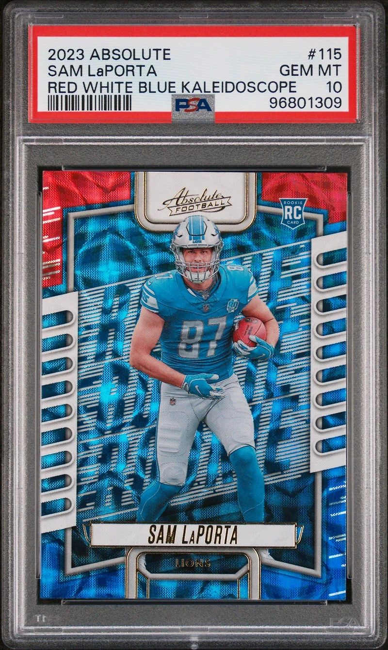 2023 Panini Absolute 115 Sam Laporta Red White Blue Kaleidoscope PSA 10