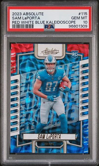 2023 Panini Absolute 115 Sam Laporta Red White Blue Kaleidoscope PSA 10