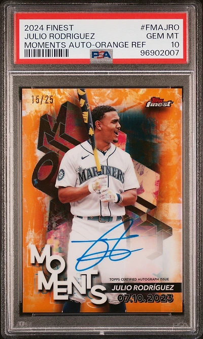2024 Topps Finest Finest Moments Autographs Fmajro Julio Rodriguez Orange Refractor PSA 10