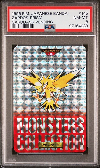 1996 Pokemon Japanese Bandai Carddass Vending 145 Zapdos-prism PSA 8
