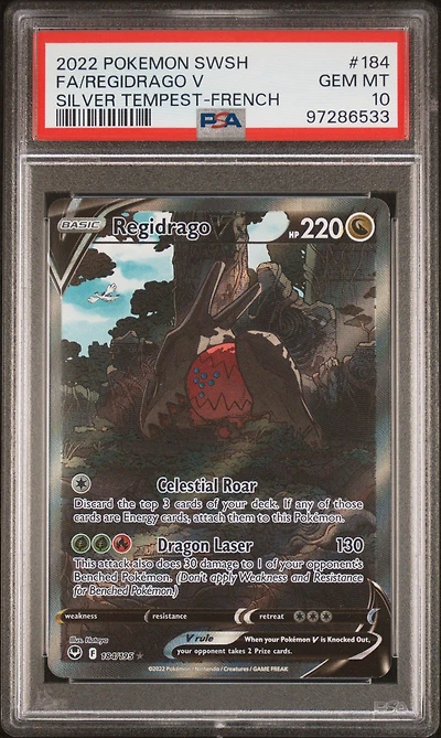2022 Pokemon Sword & Shield Silver Tempest 184 Full Art/regidrago V French PSA 10