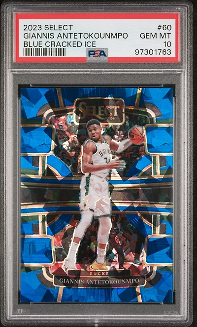 2023 Panini Select 60 Giannis Antetokounmpo Blue Cracked Ice PSA 10
