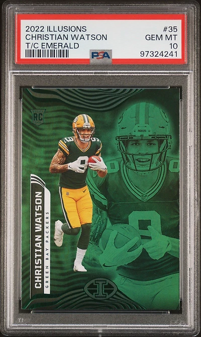 2022 Panini Illusions 35 Christian Watson Trophy Collection Emerald PSA 10