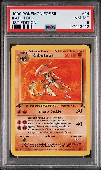 1999 Pokemon Fossil 24 Kabutops 1st Edition PSA 8