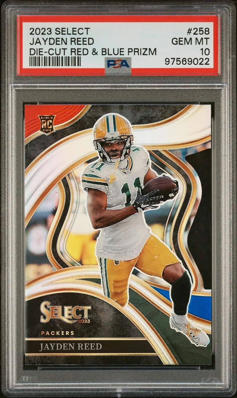 2023 Panini Select 258 Jayden Reed Die-cut Red & Blue Prizm PSA 10