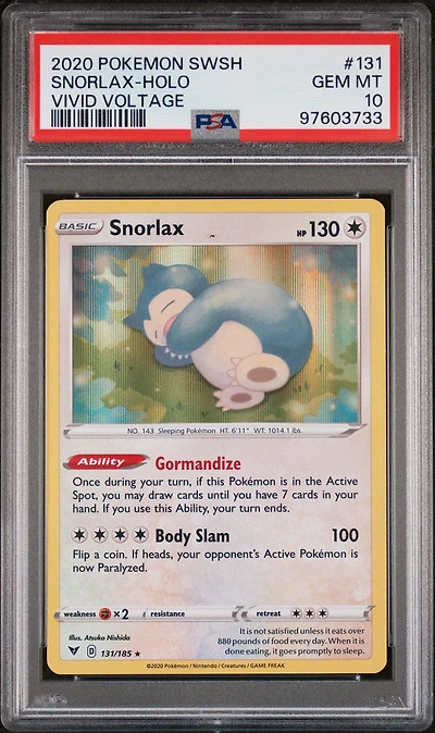 2020 Pokemon Sword & Shield Vivid Voltage 131 Snorlax-holo PSA 10