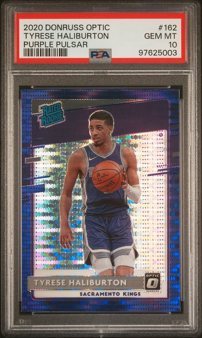 2020 Panini Donruss Optic 162 Tyrese Haliburton Purple Pulsar PSA