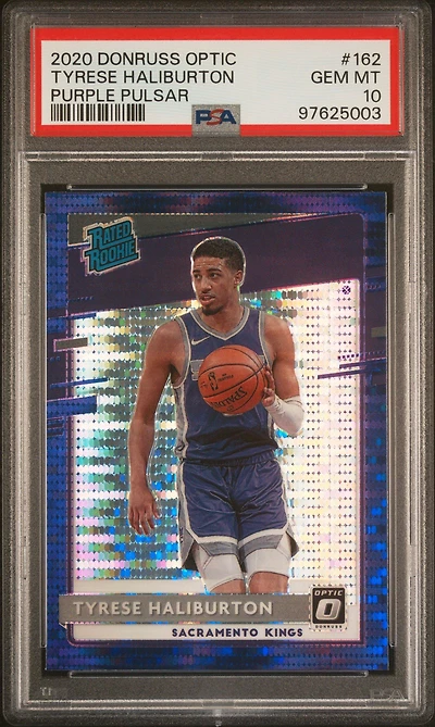 2020 Panini Donruss Optic 162 Tyrese Haliburton Purple Pulsar PSA