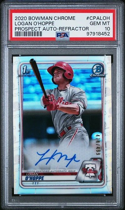 2020 Bowman Chrome Prospect Autographs Cpaloh Logan O'hoppe Refractor PSA 10