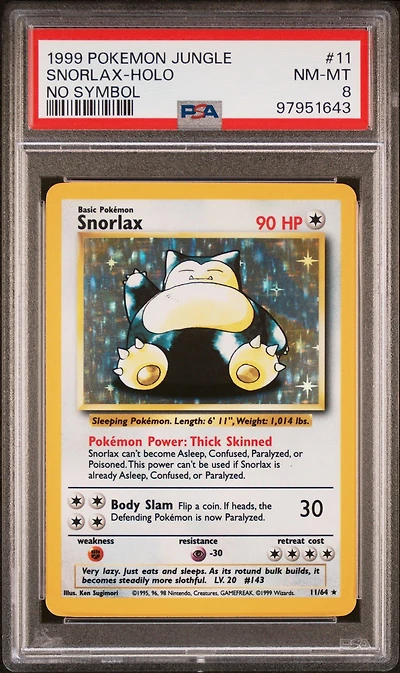 1999 Pokemon Jungle 11 Snorlax-holo No Symbol PSA 8