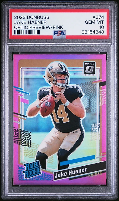 2023 Panini Donruss 374 Jake Haener Optic Preview-pink PSA 10
