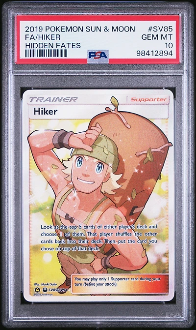 2019 Pokemon Sun & Moon Hidden Fates Sv85 Full Art/hiker PSA 10