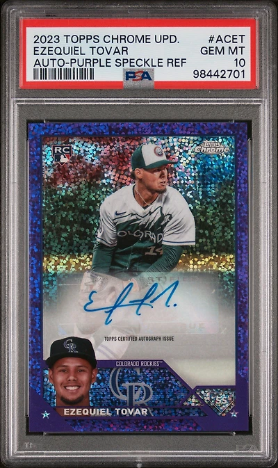 2023 Topps Chrome Update Autograph Acet Ezequiel Tovar Purple Speckle Refractor PSA 10