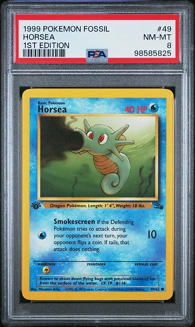 1999 Pokemon Fossil 49 Horsea 1st Edition PSA 8