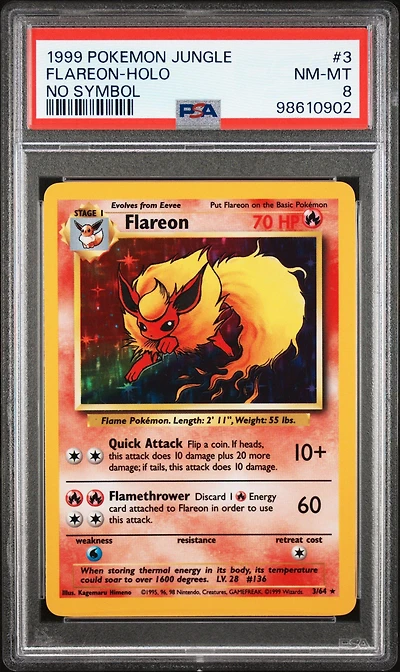 1999 Pokemon Jungle 3 Flareon-holo No Symbol PSA 8