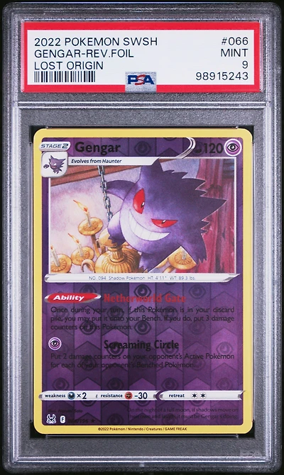 2022 Pokemon Sword & Shield Lost Origin 066 Gengar-reverse Foil PSA 9