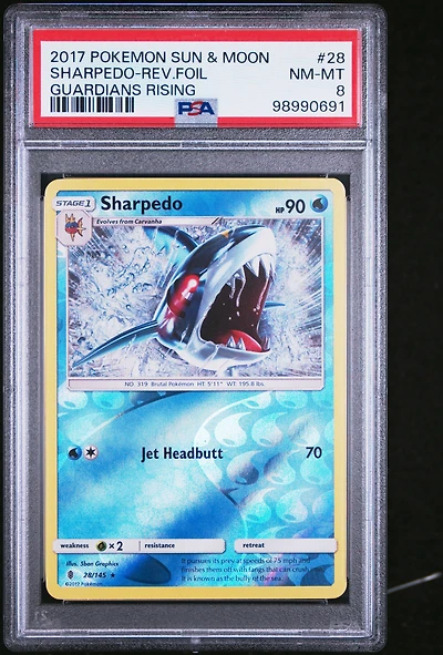 2017 Pokemon Sun & Moon Guardians Rising 28 Sharpedo-reverse Foil PSA 8