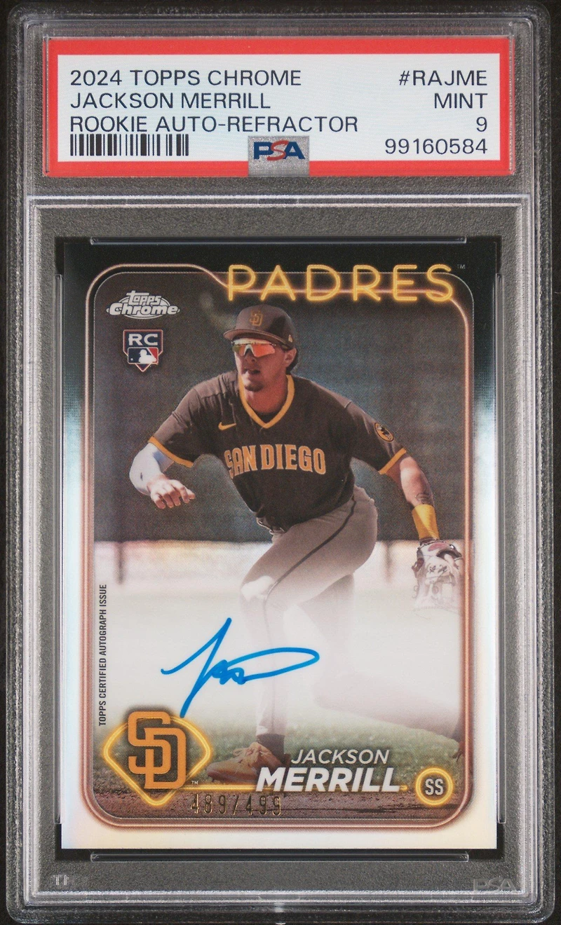 2024 Topps Chrome Rookie Autographs Rajme Jackson Merrill Refractor PSA 9