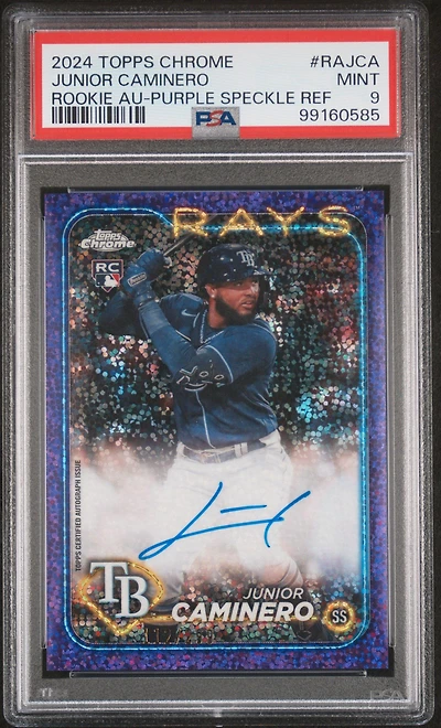 2024 Topps Chrome Rookie Autographs Rajca Junior Caminero Purple Speckle Refractor PSA 9