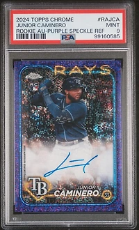 2024 Topps Chrome Rookie Autographs Rajca Junior Caminero Purple Speckle Refractor PSA 9