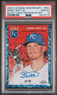 2023 Topps Chrome Platinum Anniversary Autographs Bwj Bobby Witt Jr. Platinum Toile Cream/blue Refractor PSA 10