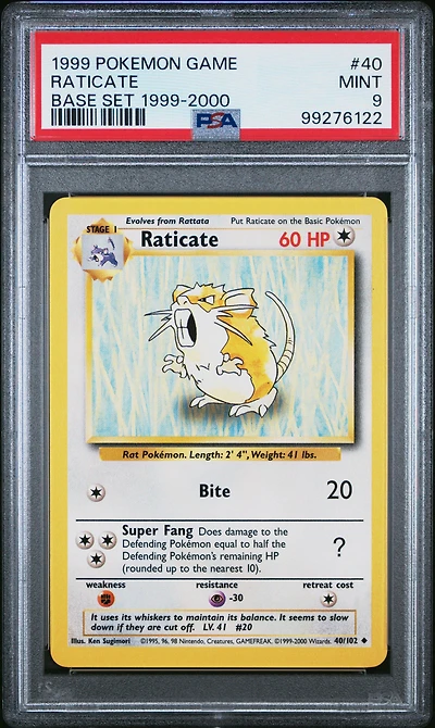 1999 Pokemon Game 40 Raticate Base Set 1999-2000 PSA 9