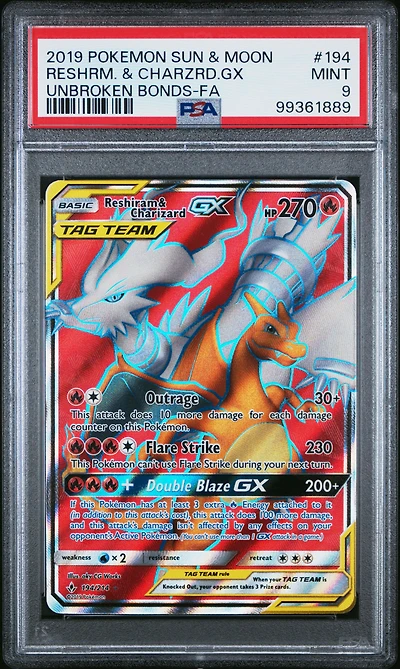 2019 Pokemon Sun & Moon Unbroken Bonds 194 Full Art/reshiram & Charizard Gx PSA 9