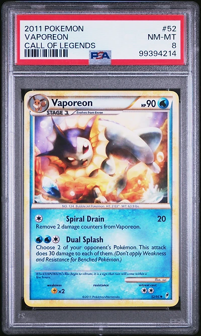 2011 Pokemon Call Of Legends 52 Vaporeon PSA 8