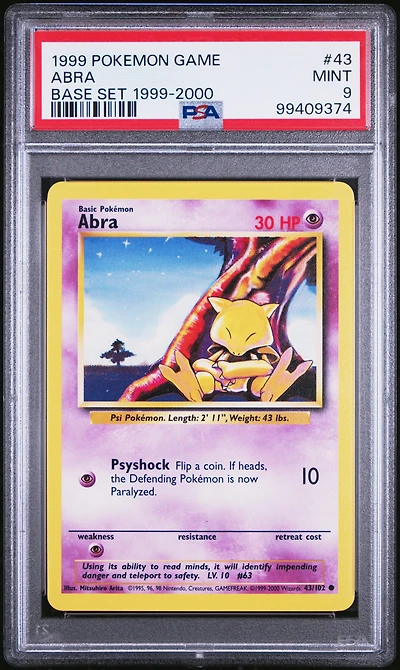 1999 Pokemon Game 43 Abra Base Set 1999-2000 PSA 9
