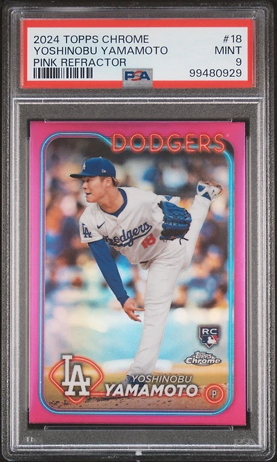 2024 Topps Chrome 18 Yoshinobu Yamamoto Pink Refractor PSA 9