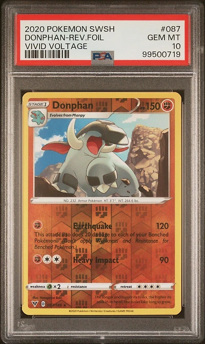 2020 Pokemon Sword & Shield Vivid Voltage 087 Donphan-reverse Foil PSA 10