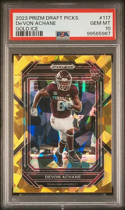 2023 Panini Prizm Draft Picks 117 De'von Achane Gold Ice PSA 10
