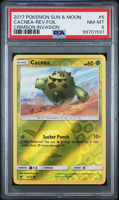 2017 Pokemon Sun & Moon Crimson Invasion 5 Cacnea-reverse Foil PSA 8