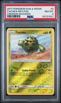 2017 Pokemon Sun & Moon Crimson Invasion 5 Cacnea-reverse Foil PSA 8
