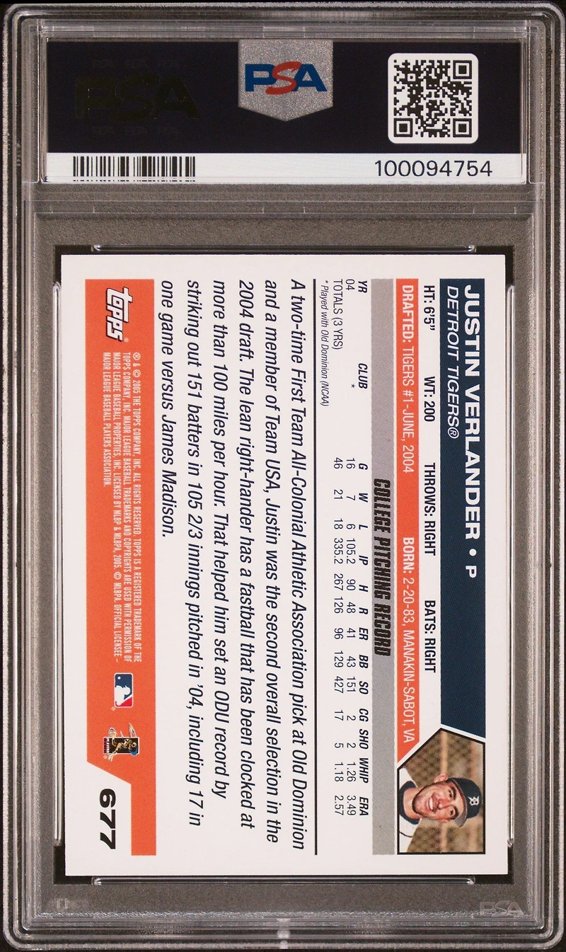 2005 Topps 677 Justin Verlander PSA