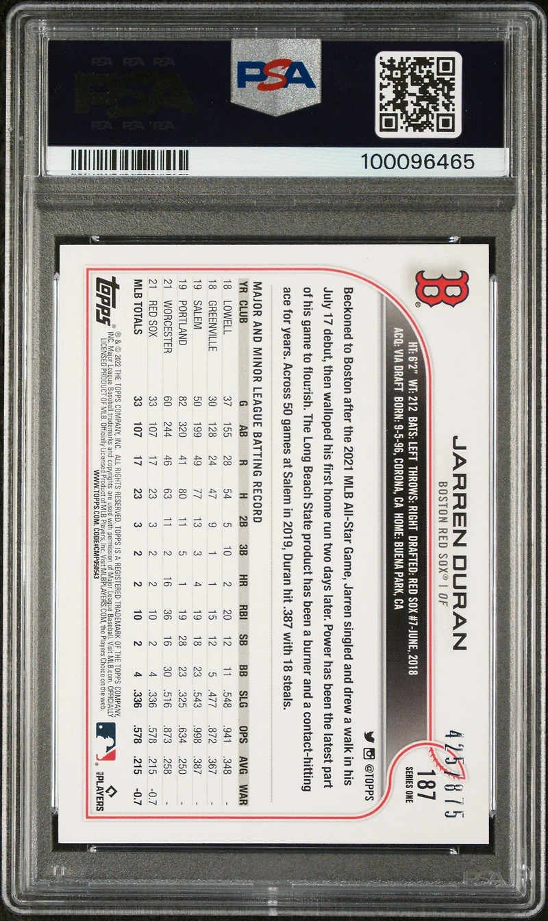 2022 Topps Complete Set 187 Jarren Duran Retail Foilboard PSA 10