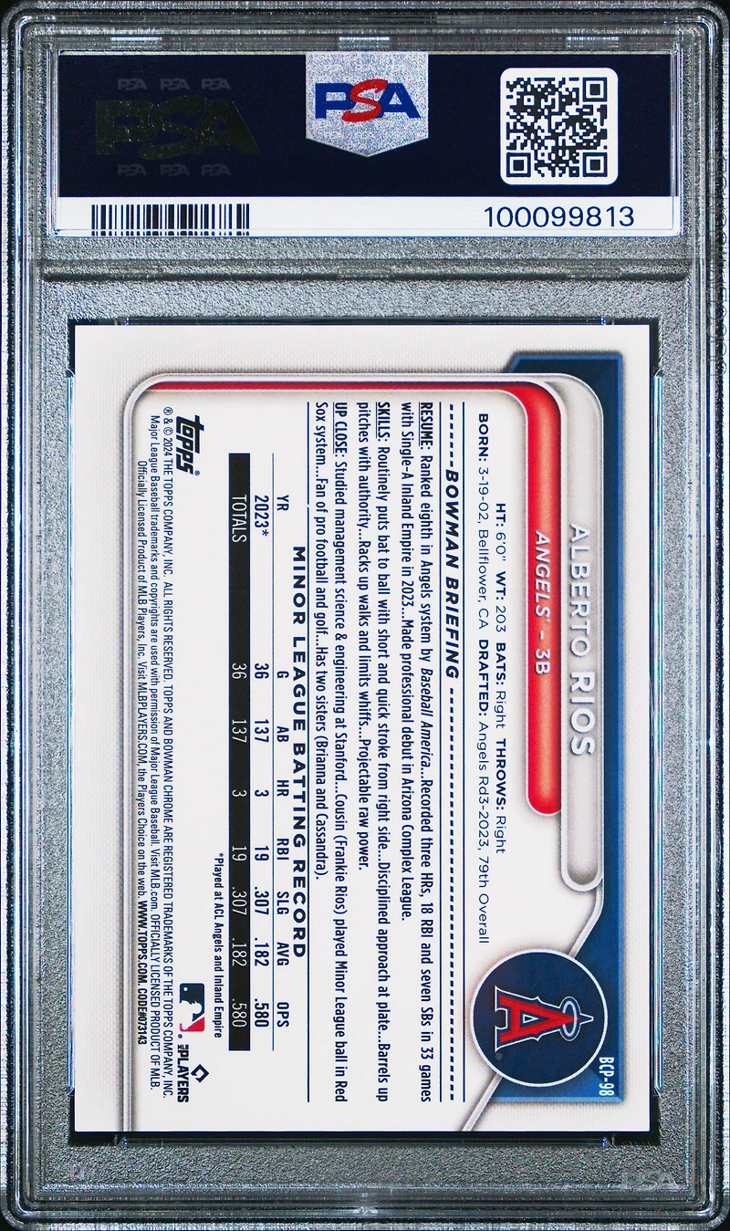 2024 Bowman Sapphire Edition Chrome Prospects Bcp98 Alberto Rios Black PSA 10