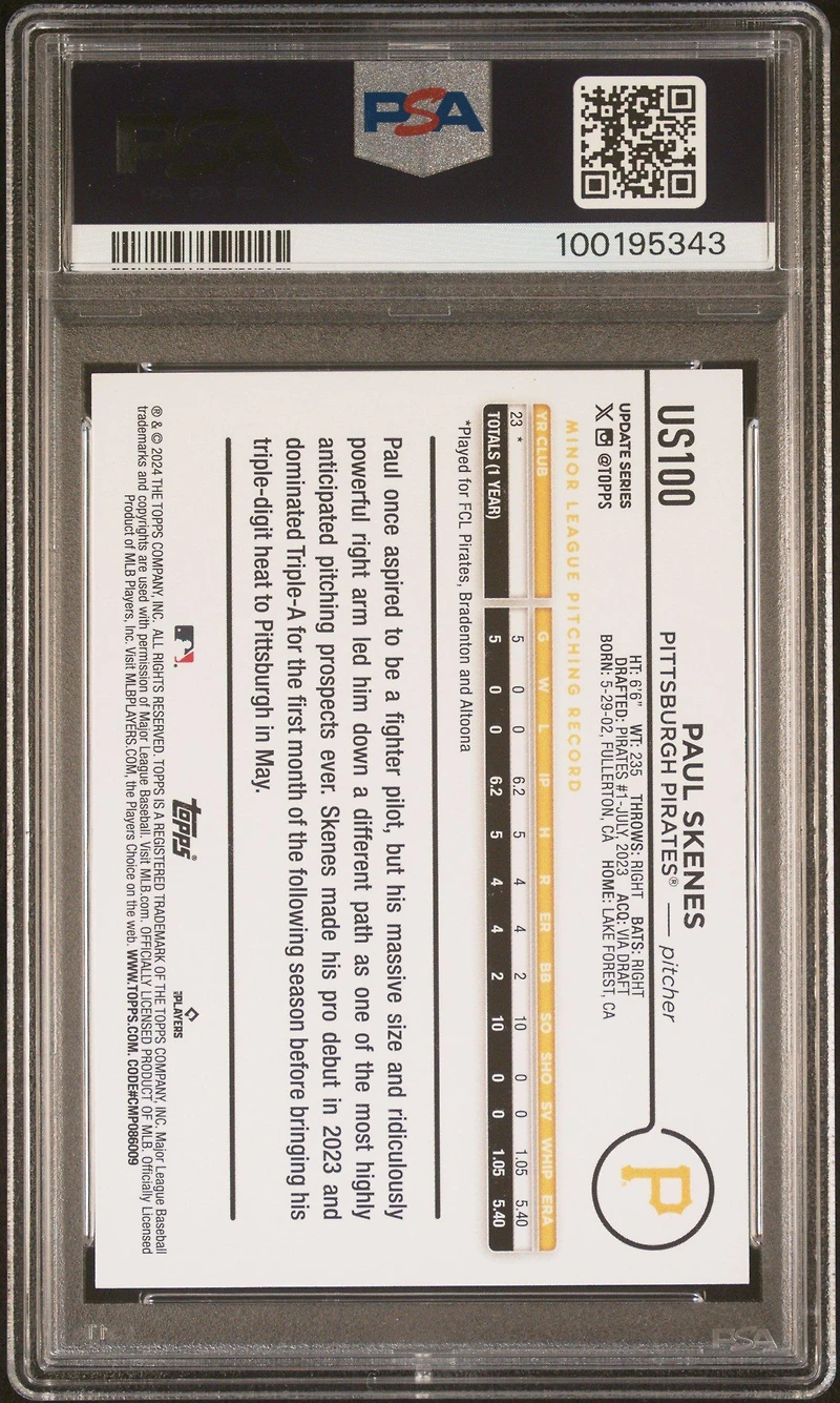 2024 Topps Update Us100 Paul Skenes PSA 10