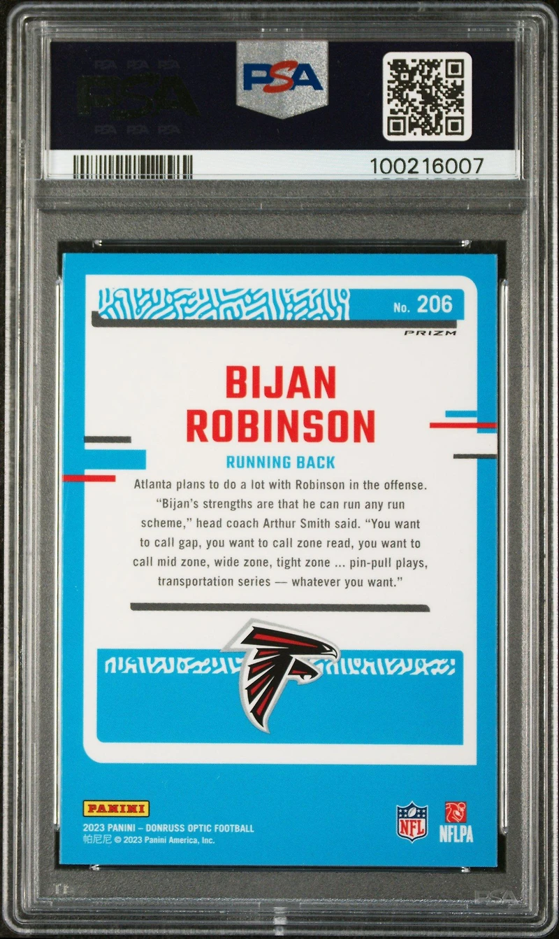 2023 Panini Donruss Optic 206 Bijan Robinson Green Velocity PSA 10