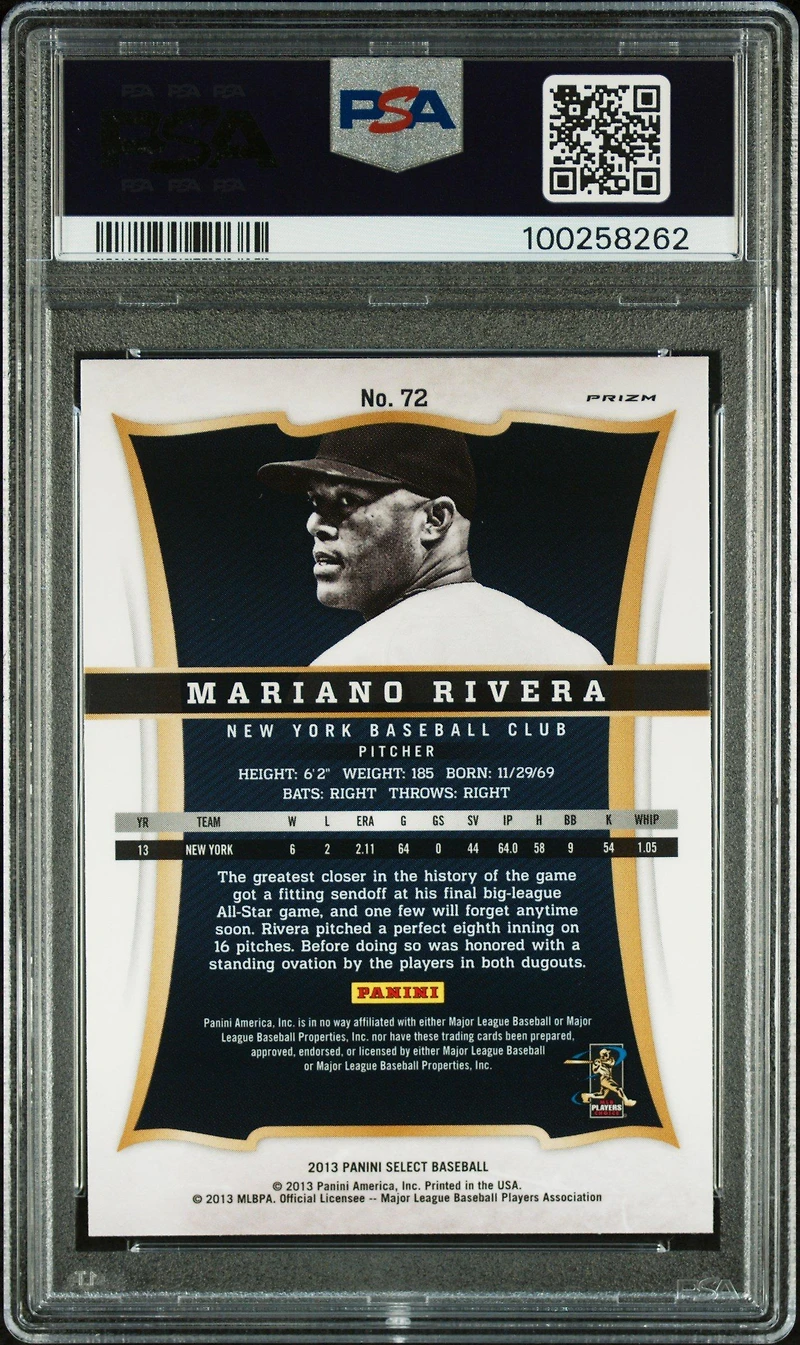 2013 Panini Select 72 Mariano Rivera Prizm PSA 10