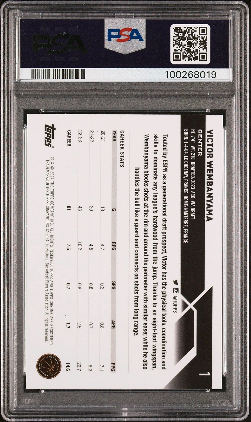 2023 Topps Chrome 1 Victor Wembanyama PSA