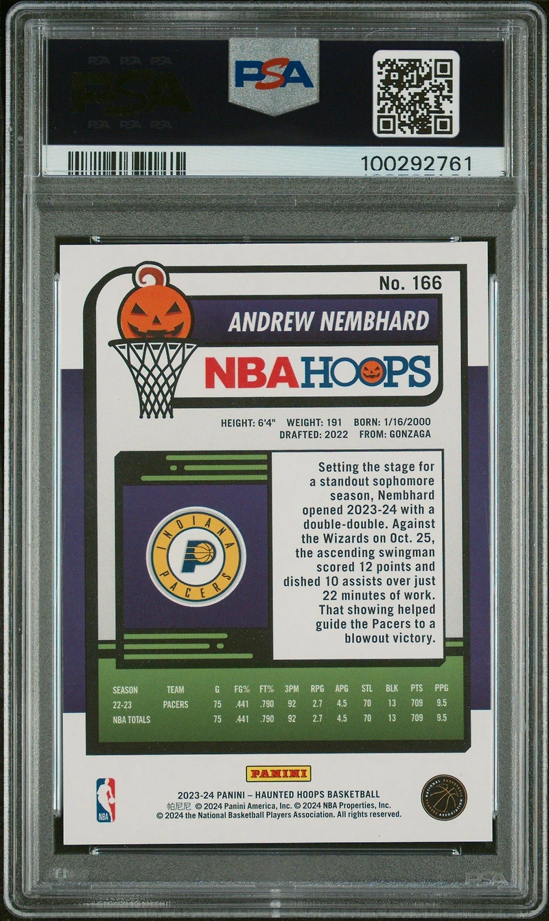 2023 Panini Hoops Premium Stock 166 Andrew Nembhard Haunted Hoops Holo Candy PSA 10