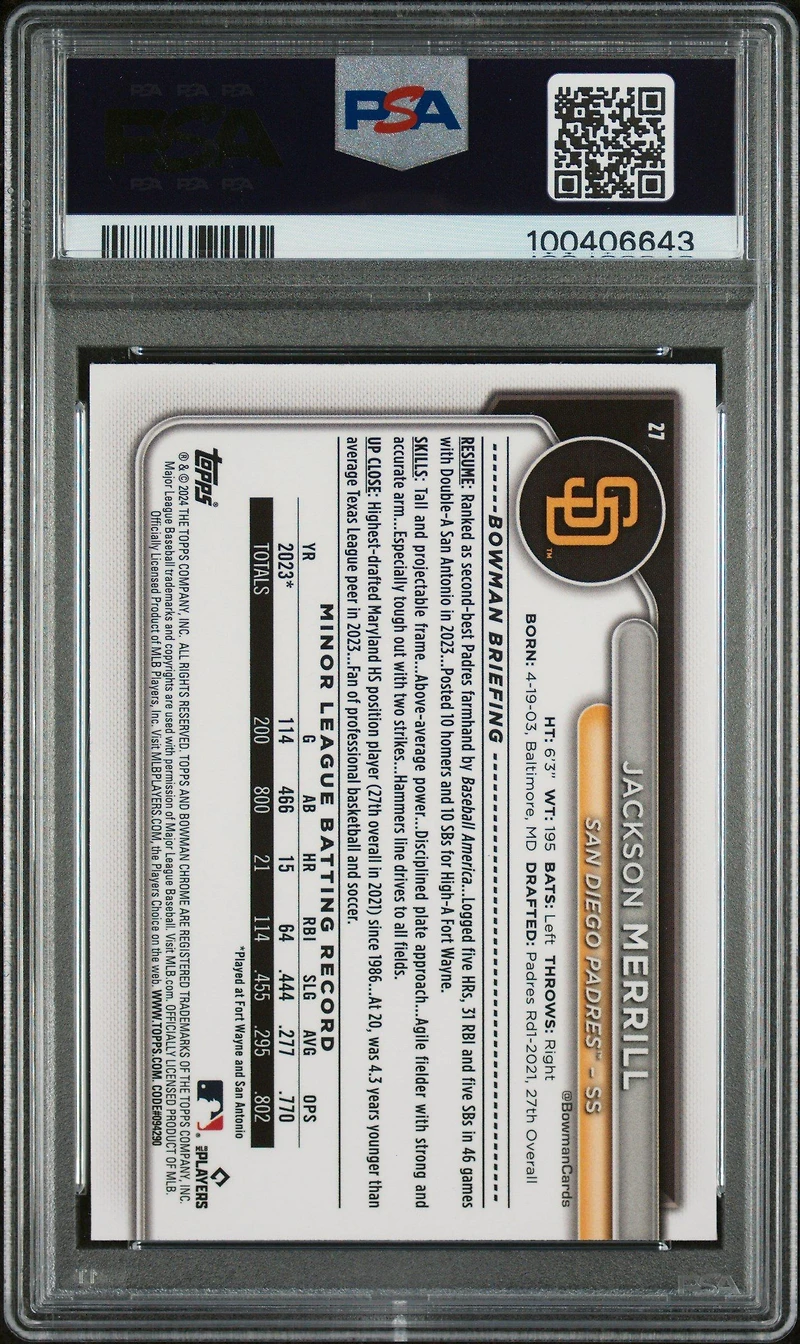 2024 Bowman Chrome Mega Box 27 Jackson Merrill PSA 10